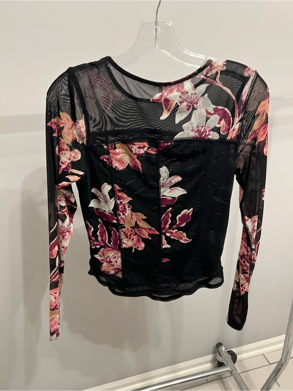 Free People Black Mesh Long Sleeve Top with Pink & Cream Floral